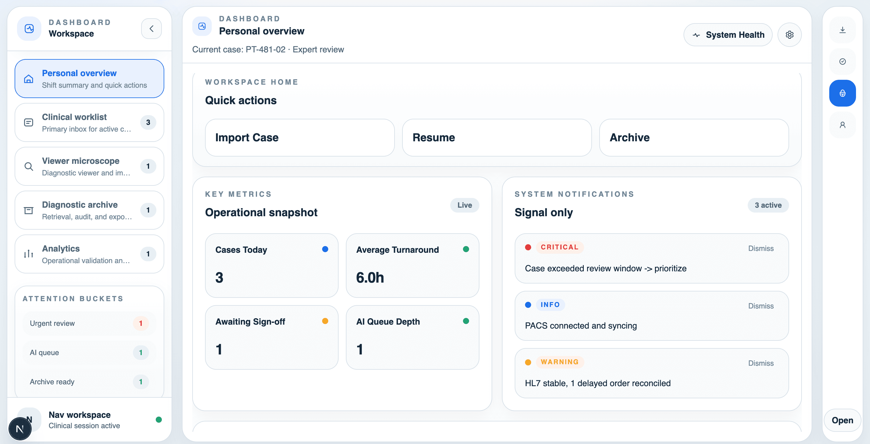 DiagnoAI Workspace showing the clinical worklist, workspace navigation, and case sidecar.